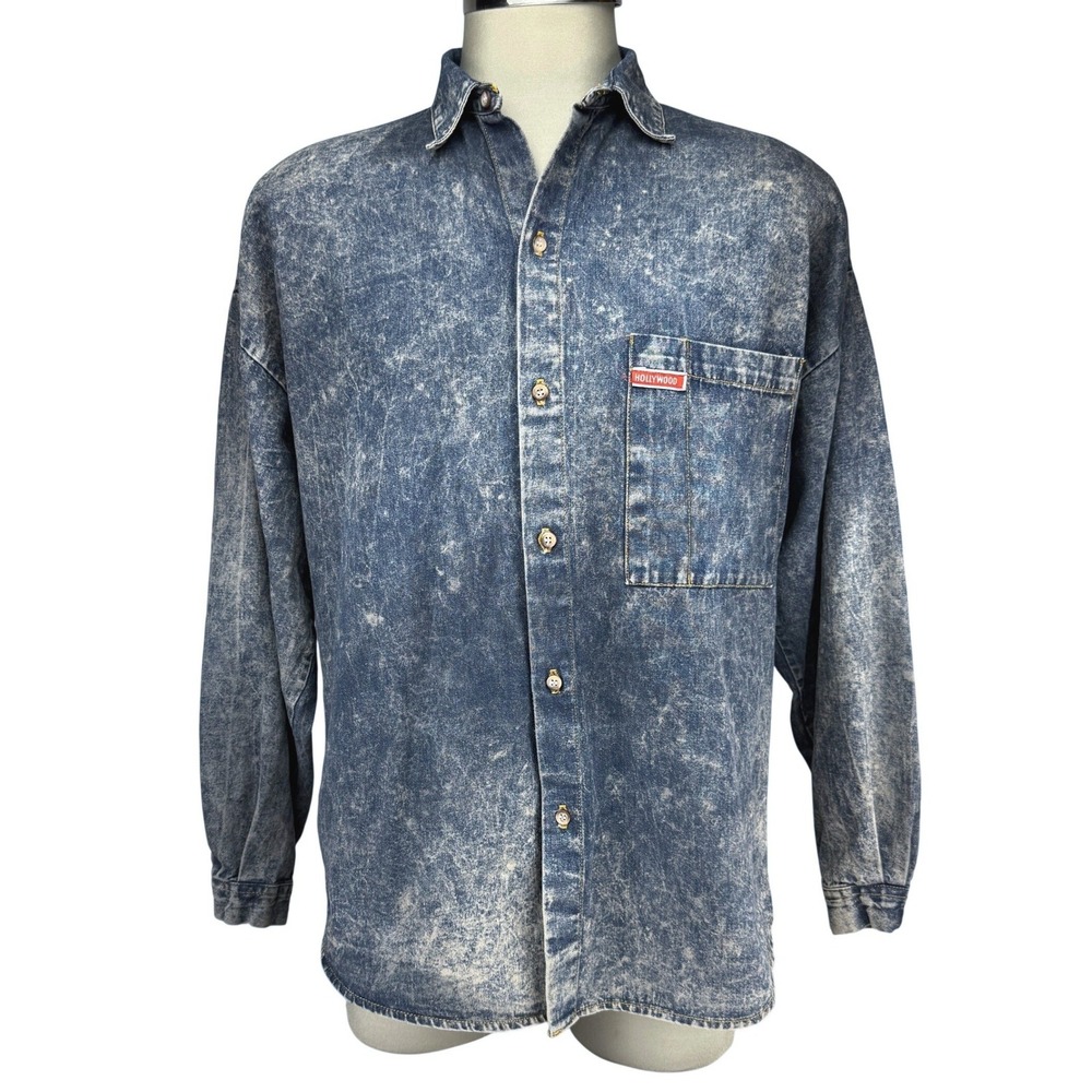 HOLLYWOOD ERA Vintage‎ 90s Oversized Acid Wash Denim Men's Blue Shirt Size S